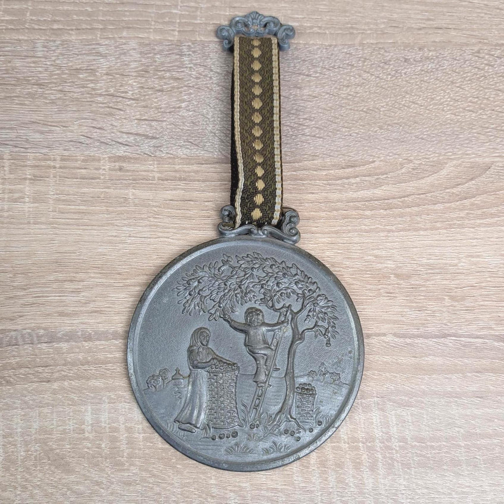 German Pewter Wall Medallions Set of 4, Four Seasons Folk Art, Zinn Embossed Plaques with Ribbon Hanger, Vintage 1960s 1970s