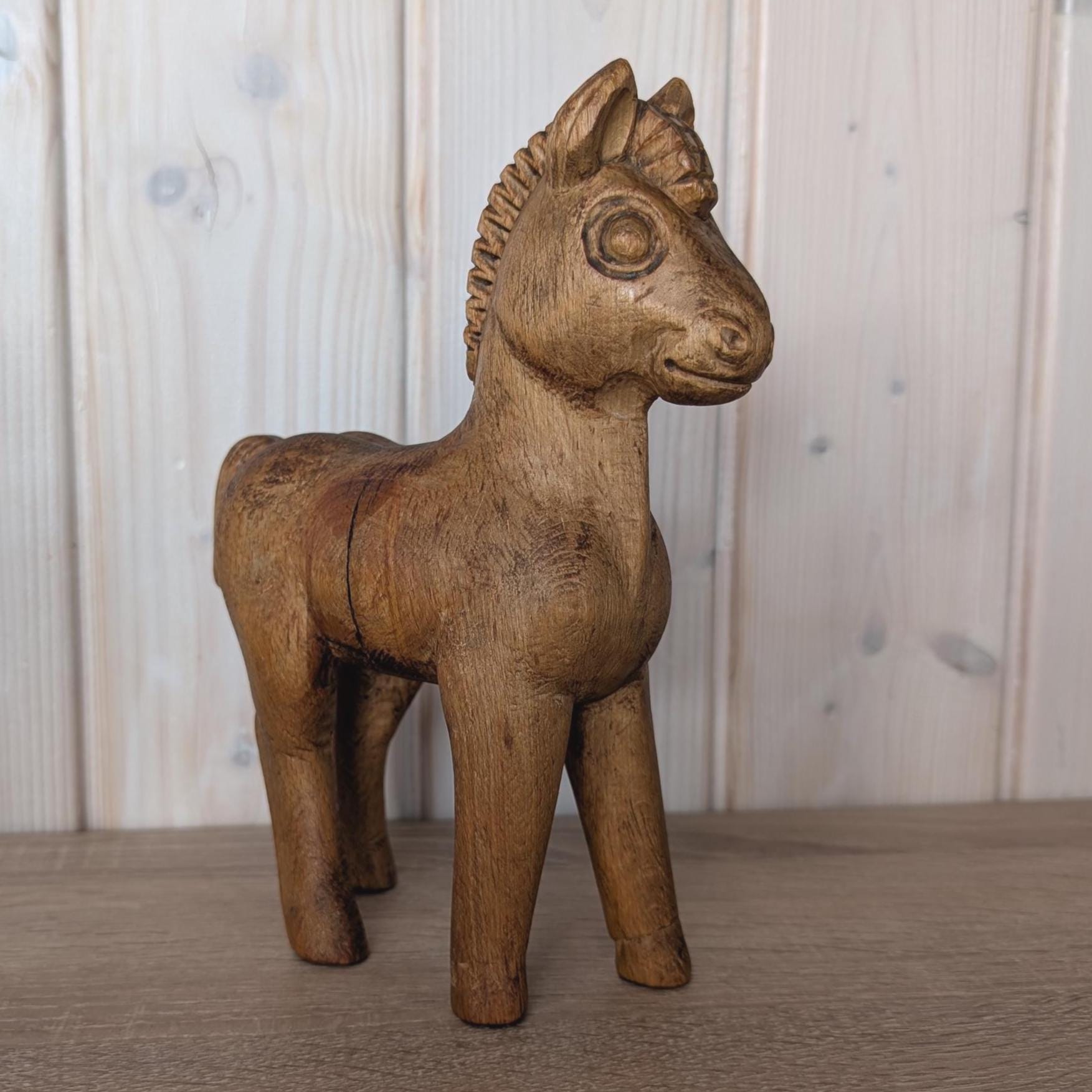 Vintage Unique Hand-Carved Wooden Horse Figurine, Scandinavian Folk Art Style, 1950s–1970s Rustic Decor