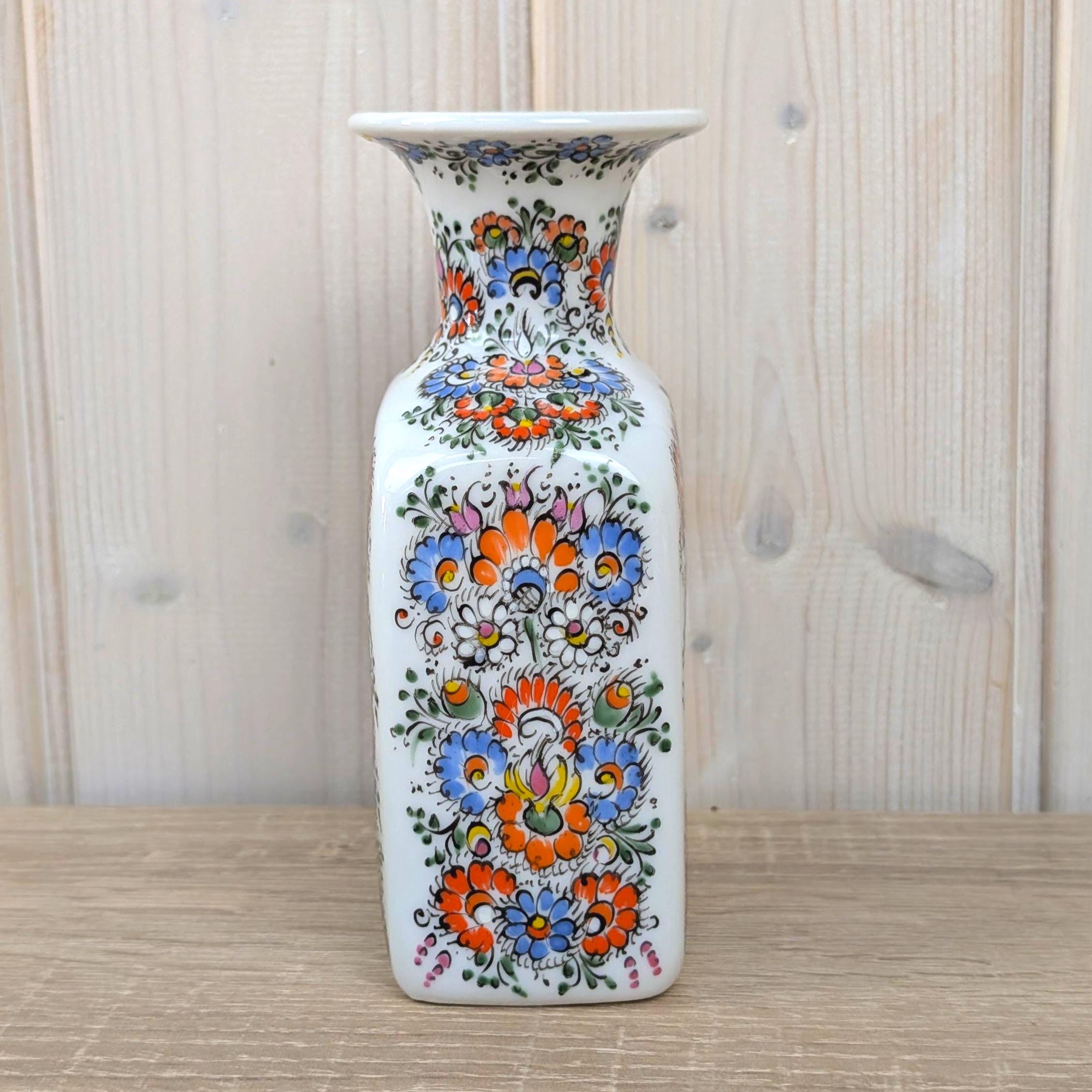 Wawel Poland Folk Art Vase, Hand Decorated Ceramic, Square Bottle Vase, Łowicz Floral Pattern, Cepelja Opole, 1990s Vintage