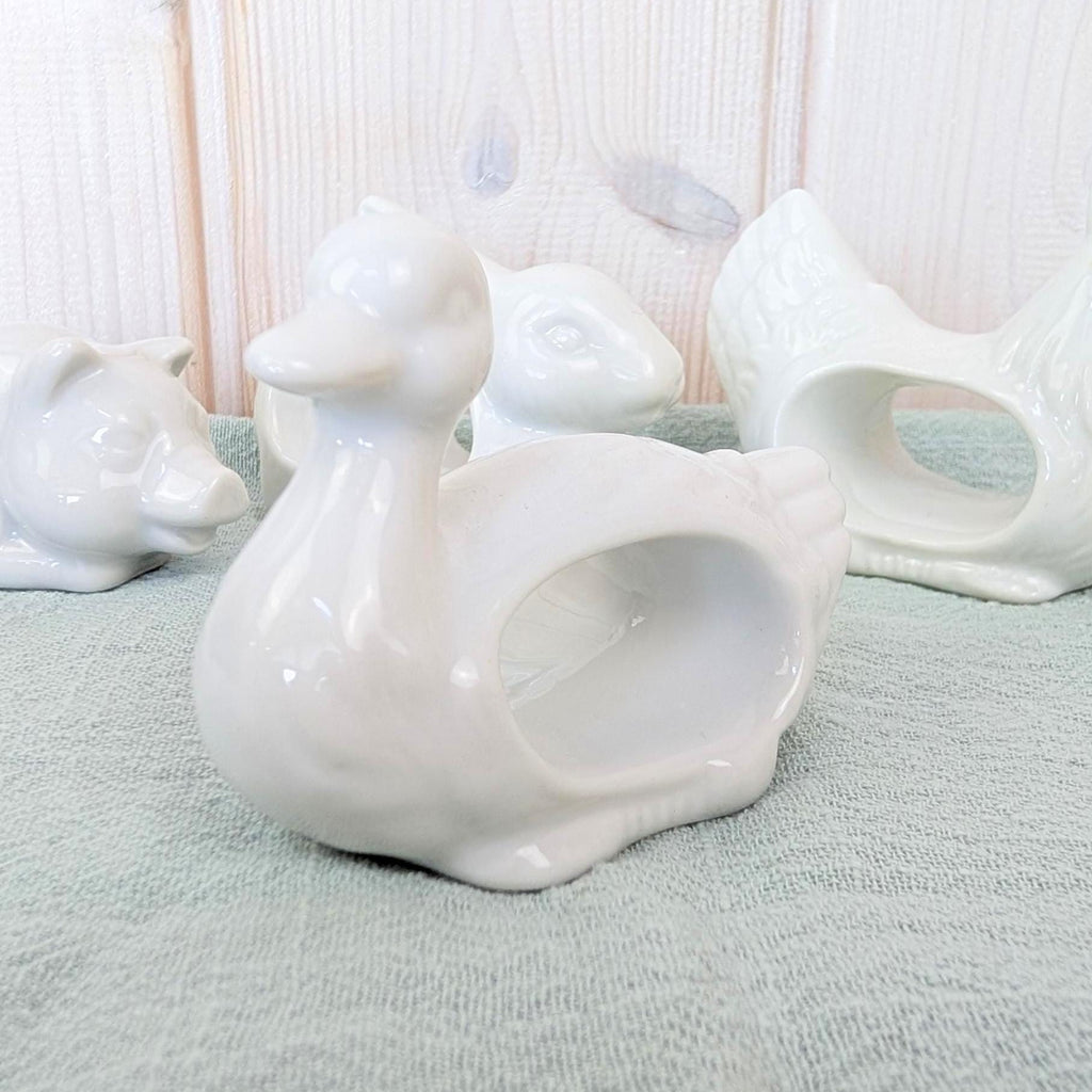 Set of 4 Vintage White Ceramic Napkin Rings, Farm Animals, Rabbit Duck Pig Rooster, Made in Japan, 1970s