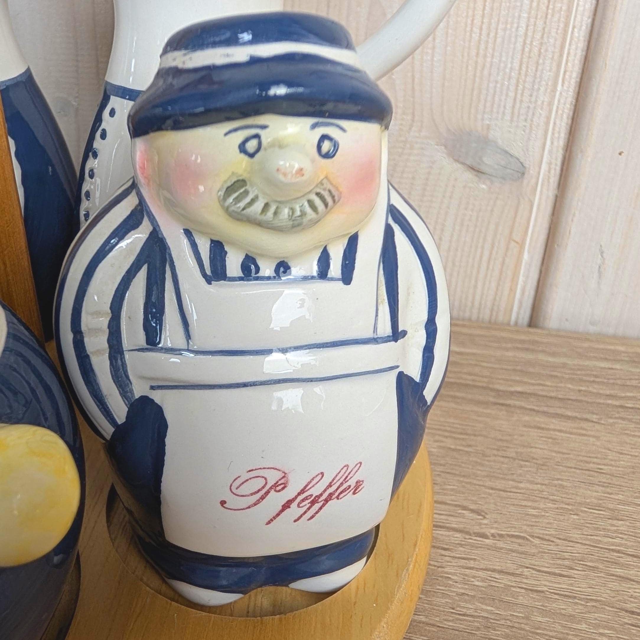 Vintage German Figural Condiment Set, Ceramic Folk Art, Salt Pepper Mustard Oil Vinegar, Wood Stand, 1980s Kitchen Decor