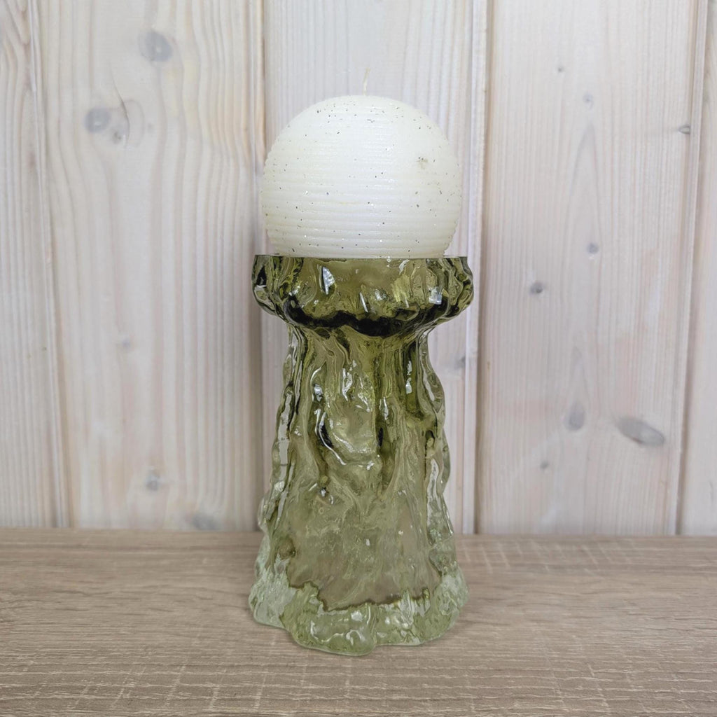 Vintage salbei green glass vase candleholder, Ingrid Glas, textured art glass, Germany, 1970s