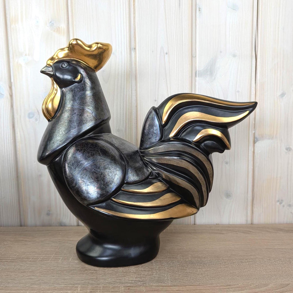Gilde Handwerk Rooster Figurine Black Gold, Large Ceramic Cockerel Statue, Art Deco Home Decor, German Decorative Figure, 1980s