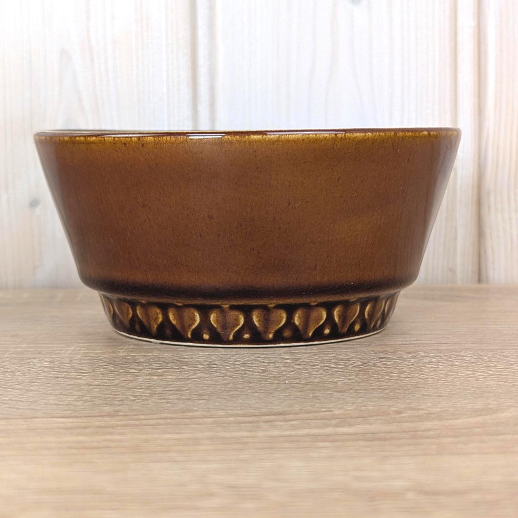 DDR GDR Heike Stoneware Nesting Bowl Set of 4, Amber Brown Glaze, Relief Base, East Germany, Torgau, 1970s