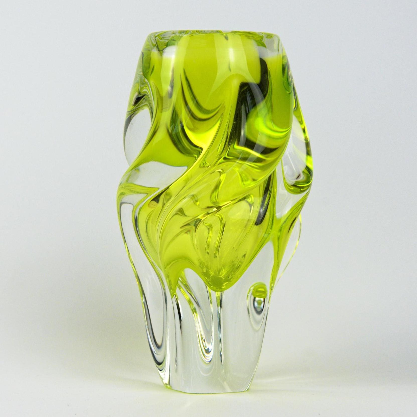 Josef Hospodka Chřibská Art Glass Vase, Uranium Yellow Green, Czech Sommerso, 1960s