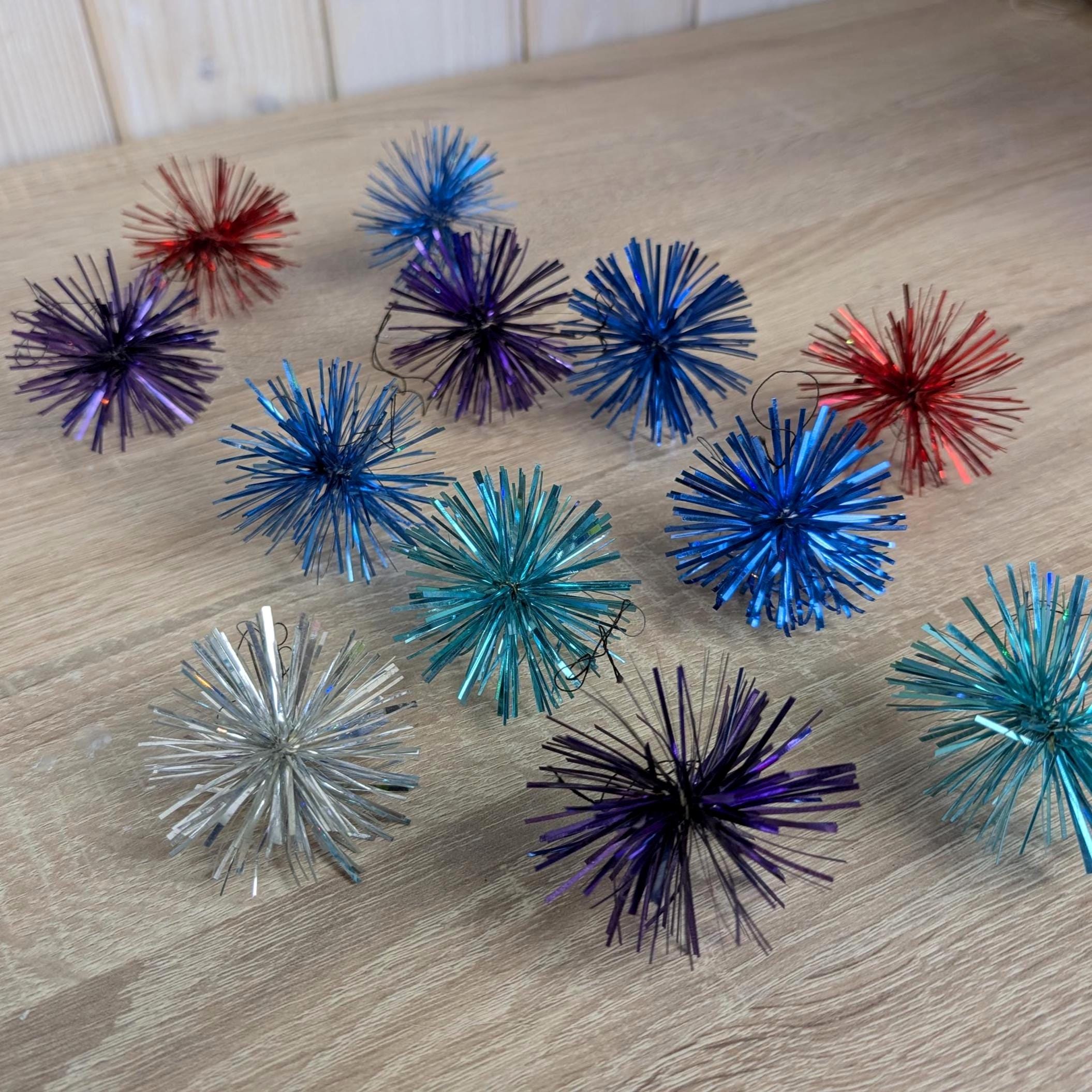 Colorful Woolco Tinsel Pom Pom Ornaments, Christmas Tree Decor, Mid Century, Vintage Set