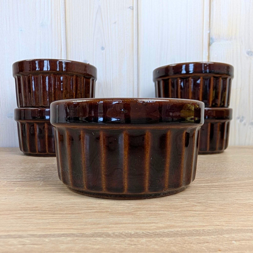 Set of 6 Vintage Ramekins, Scheurich 901, Brown Ribbed Glaze, West Germany, 1960s, Stoneware Baking Dishes, Mid Century Kitchen
