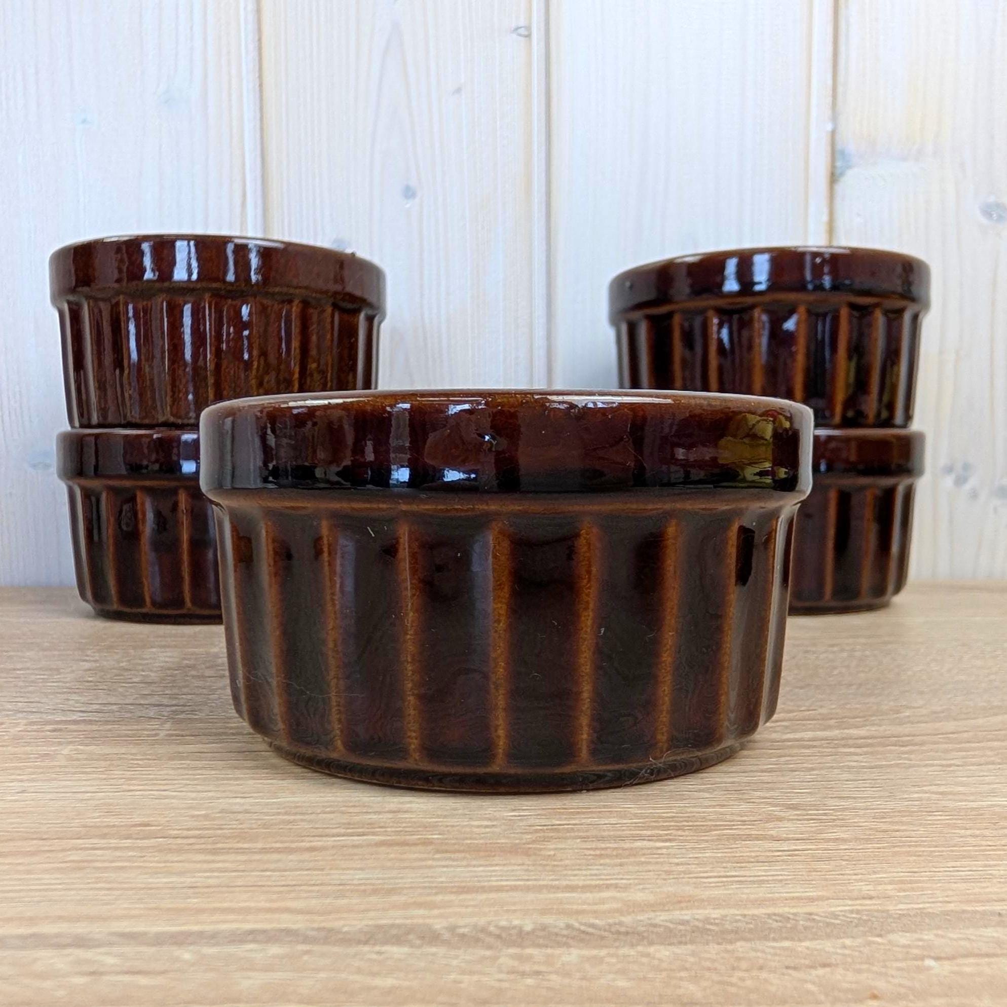 Set of 6 Vintage Ramekins, Scheurich 901, Brown Ribbed Glaze, West Germany, 1960s, Stoneware Baking Dishes, Mid Century Kitchen
