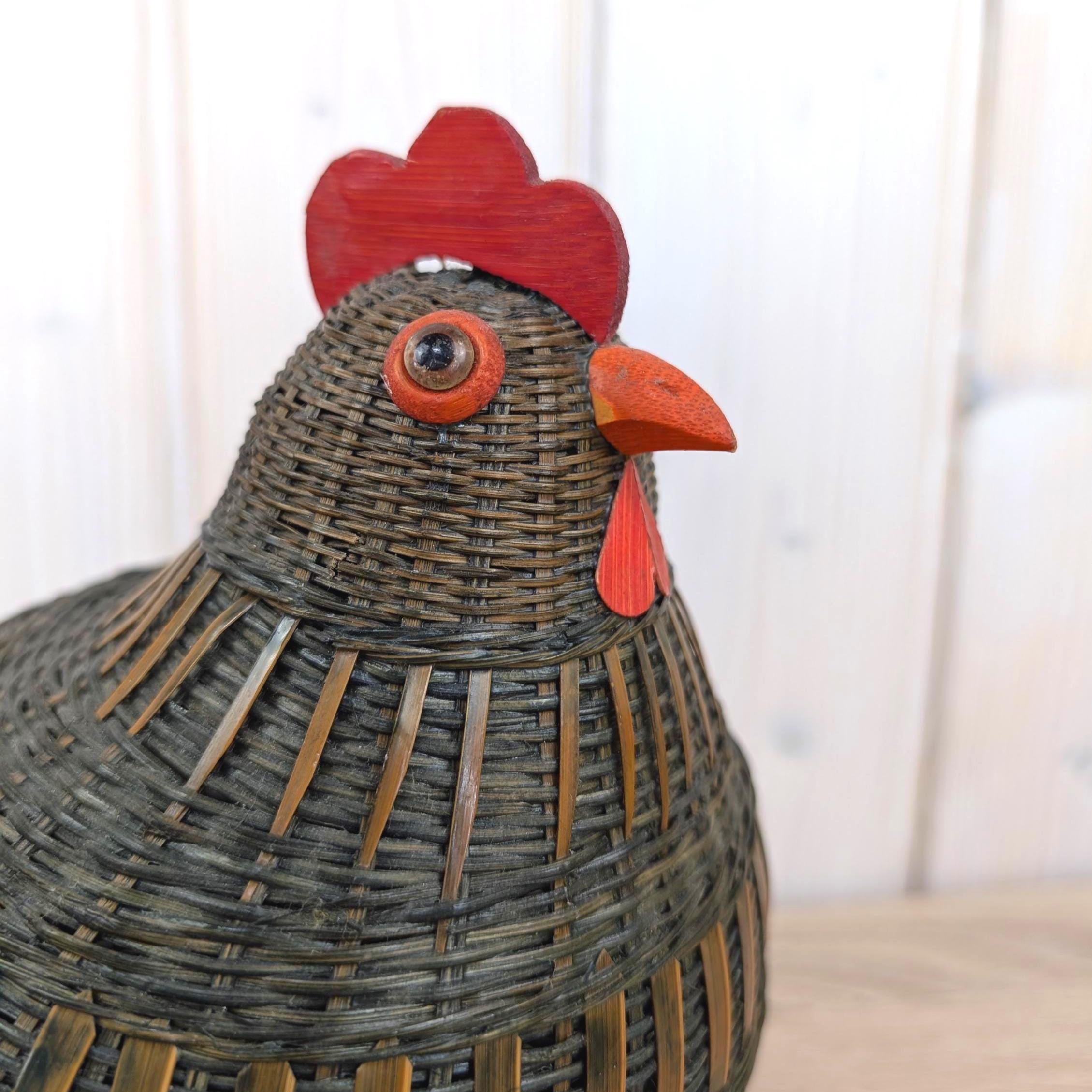 Wicker Bamboo Hen Basket with Lid, Chicken Storage Basket, Red Wood Comb, Glass Eye, Farmhouse Decor, 1970s