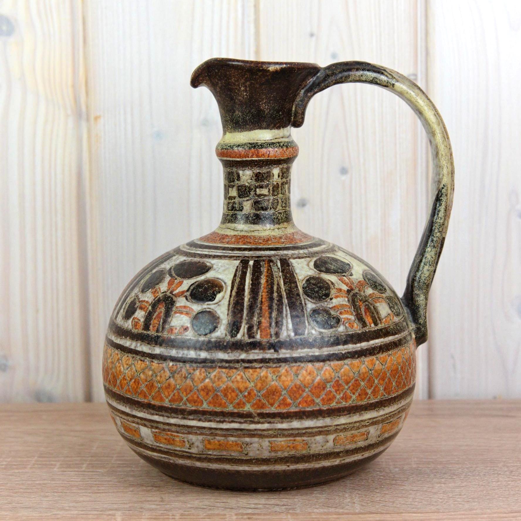 Italica Ars 1017/22 Vintage Italian Ceramic Jug, Mid Century Pottery Pitcher, Hand Painted Geometric Decor, 21.5 cm