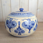 Allgäuer Keramik Altständten Punch Bowl Set, Blue White Folk Art, 6 Cups, Ladle, Handarbeit, 1970s German Studio Pottery