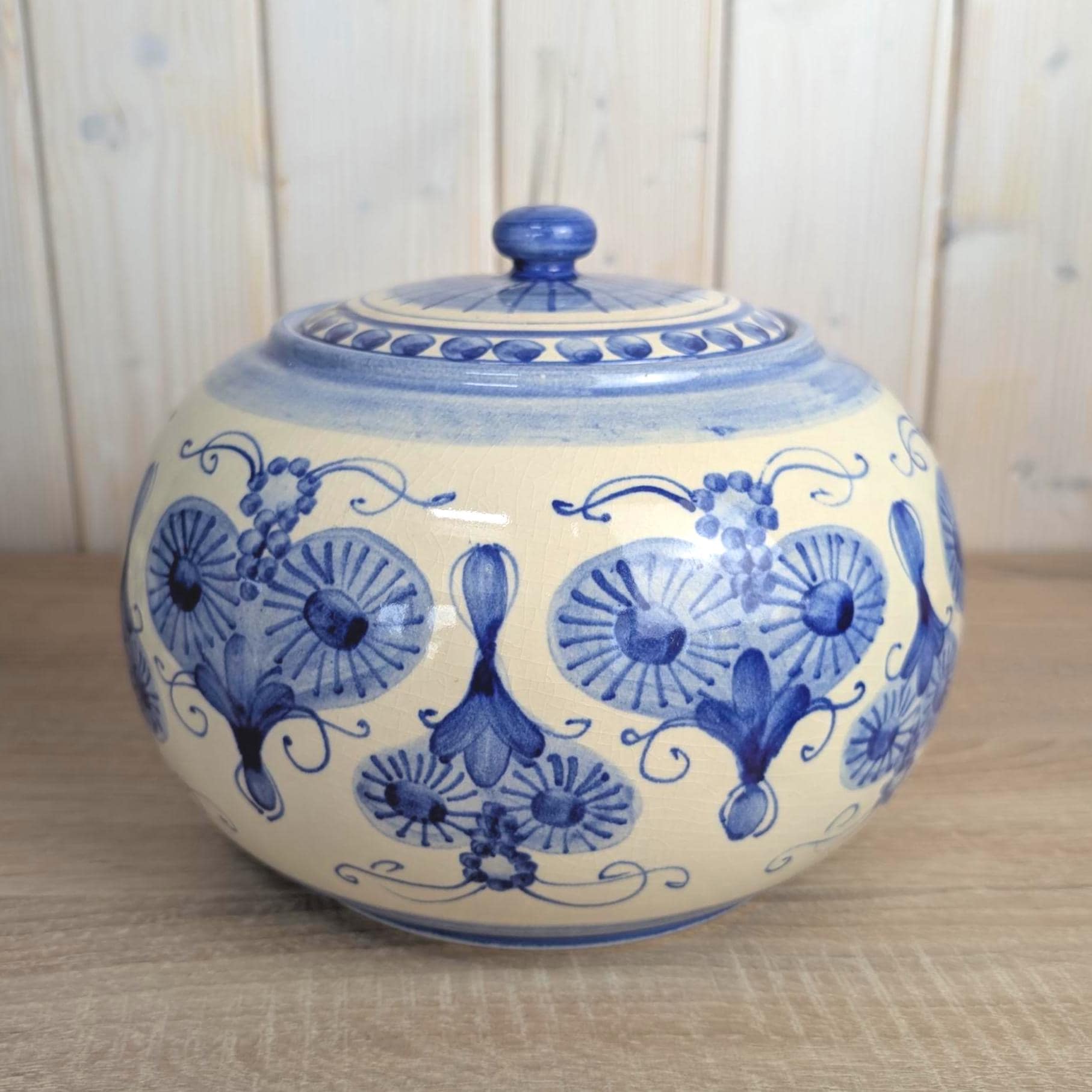 Allgäuer Keramik Altständten Punch Bowl Set, Blue White Folk Art, 6 Cups, Ladle, Handarbeit, 1970s German Studio Pottery