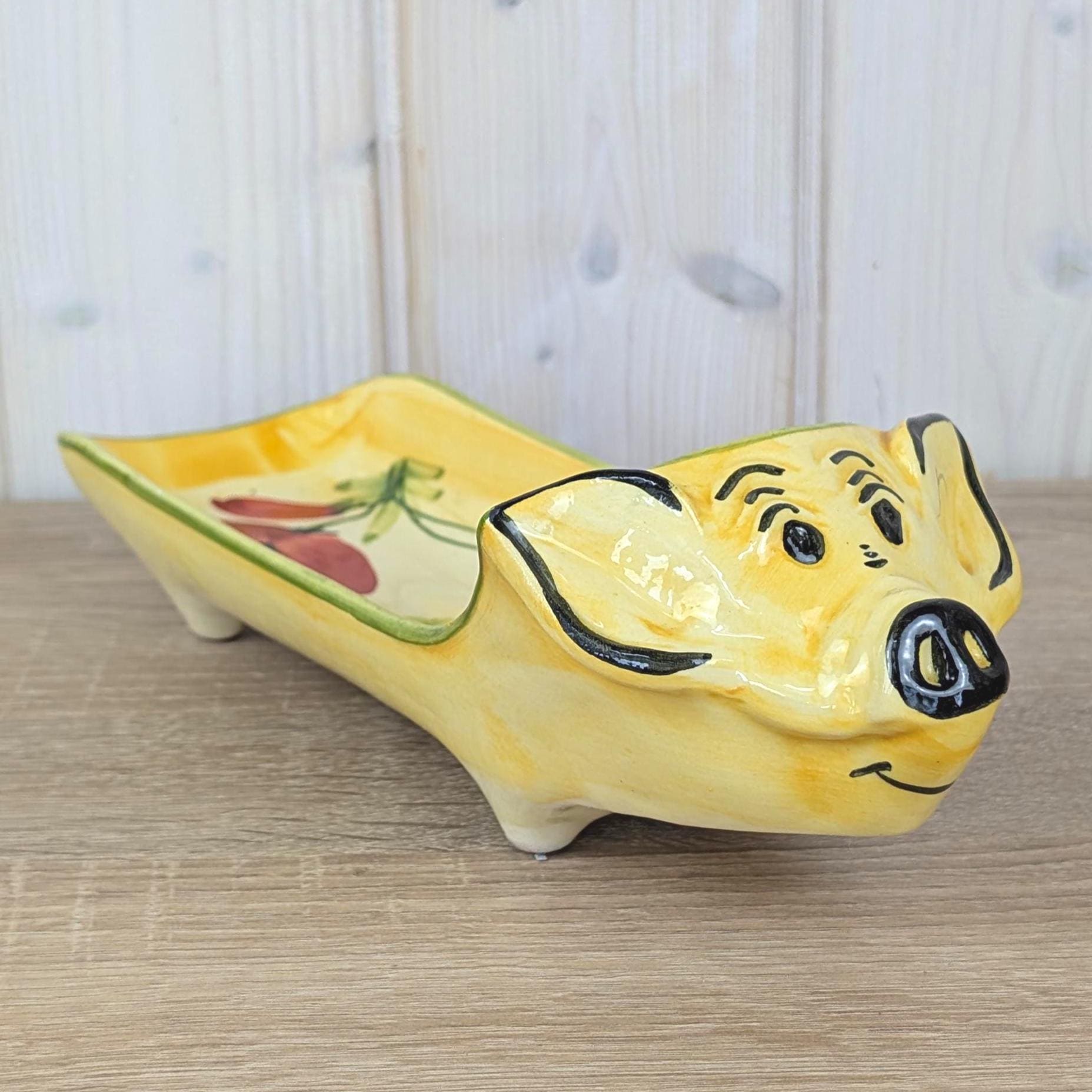 French Ceramic Pig Dish, Fait Main Handmade, Yellow Glaze Red Poppy, TDF Pottery, Quirky Folk Ceramic Tray, 1970s 1980s