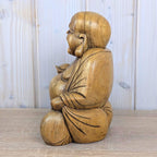 Laughing Buddha Statue Hand Carved Wood, Sitting Budai Figurine, Happiness Wealth Sculpture, Vintage Asian Folk Art, 1980s