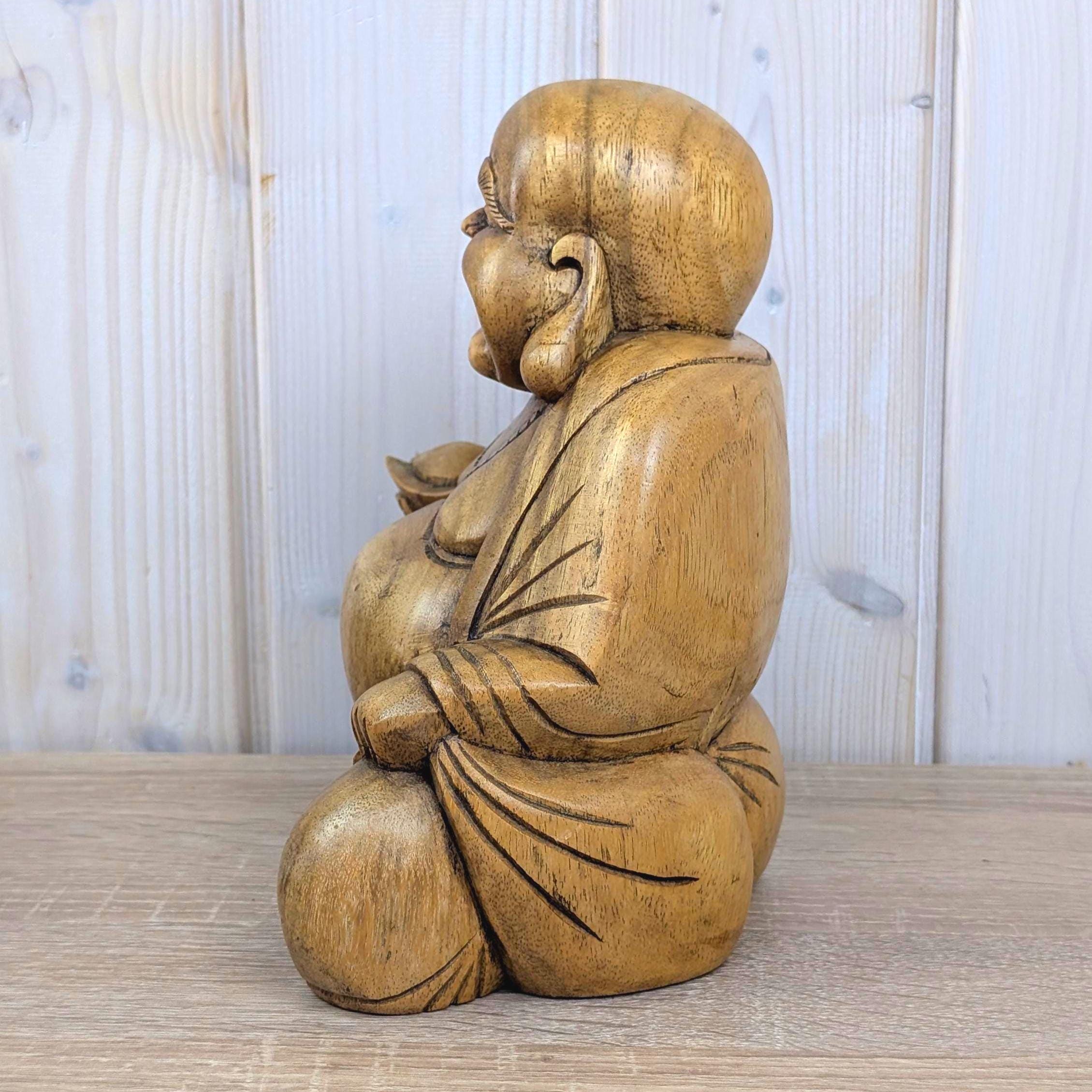Laughing Buddha Statue Hand Carved Wood, Sitting Budai Figurine, Happiness Wealth Sculpture, Vintage Asian Folk Art, 1980s