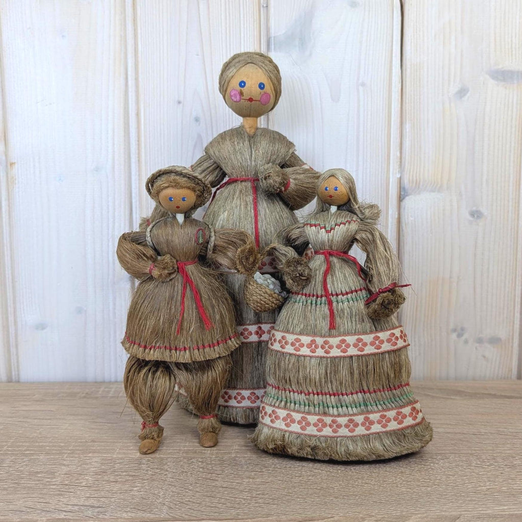 Polish Sisal Folk Doll Set of 3, Mother with Girl and Boy, PRL State Craft, Hand Made Poland, Folk Art, 1960s 1970s