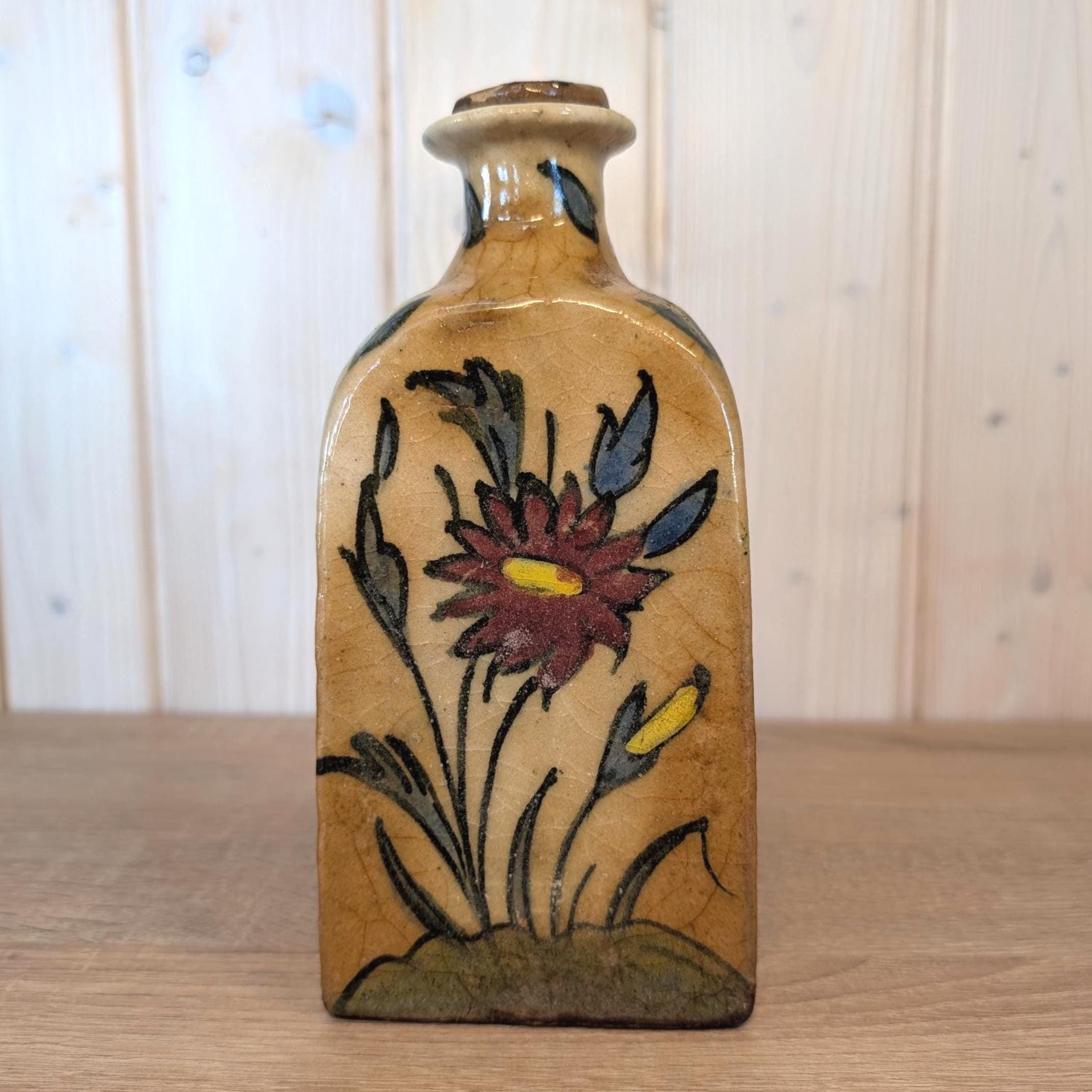 Antique charm, ceramic handpainted red floral bottle, European origin, early 1900s