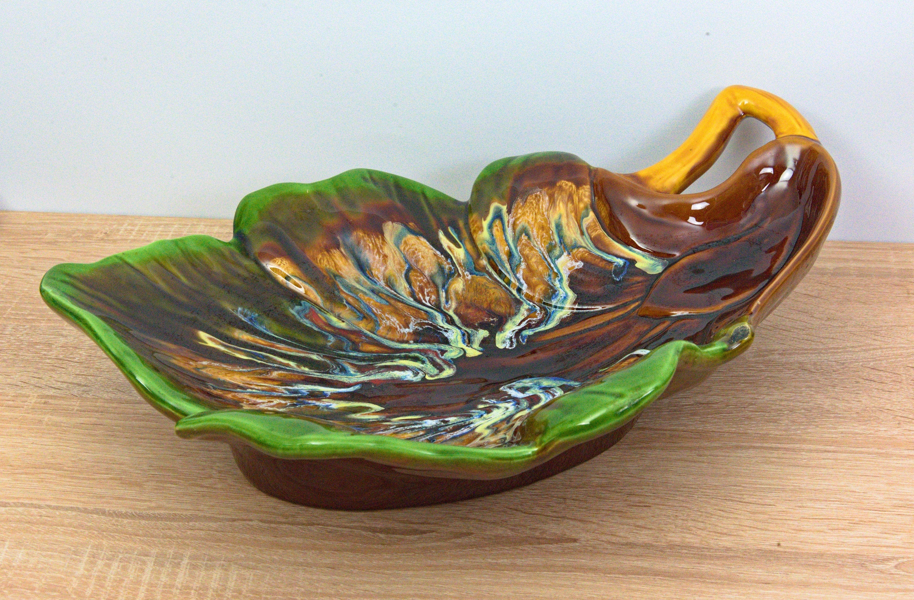 XXLarge Vallauris Ceramic Dish - Multicolored Leaf - France - Vintage