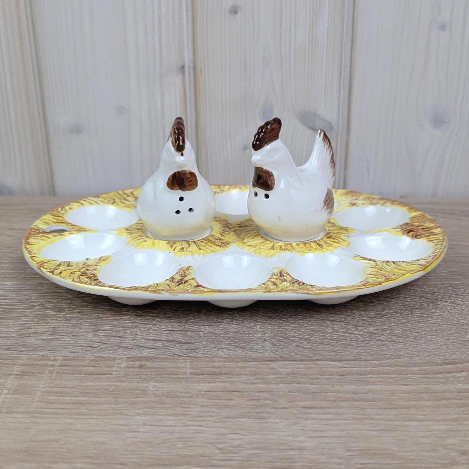 Hen Nest Egg Plate with Chicken Salt Pepper Set, Vintage Farmhouse Easter Decor