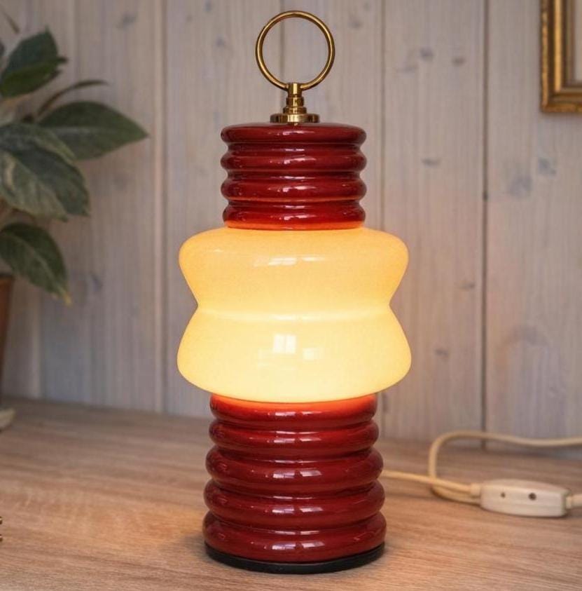 1960s Italian Ceramic Table Lamp Red Cream Milk Glass Space Age Attributed Ceramiche Fiorentine