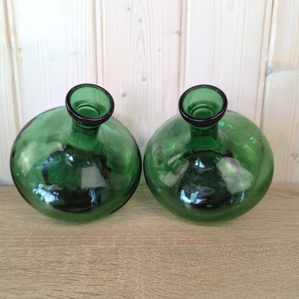 Empoli Green Glass Decanter Set with Stoppers and Wicker Basket Carrier, Italy 1960s