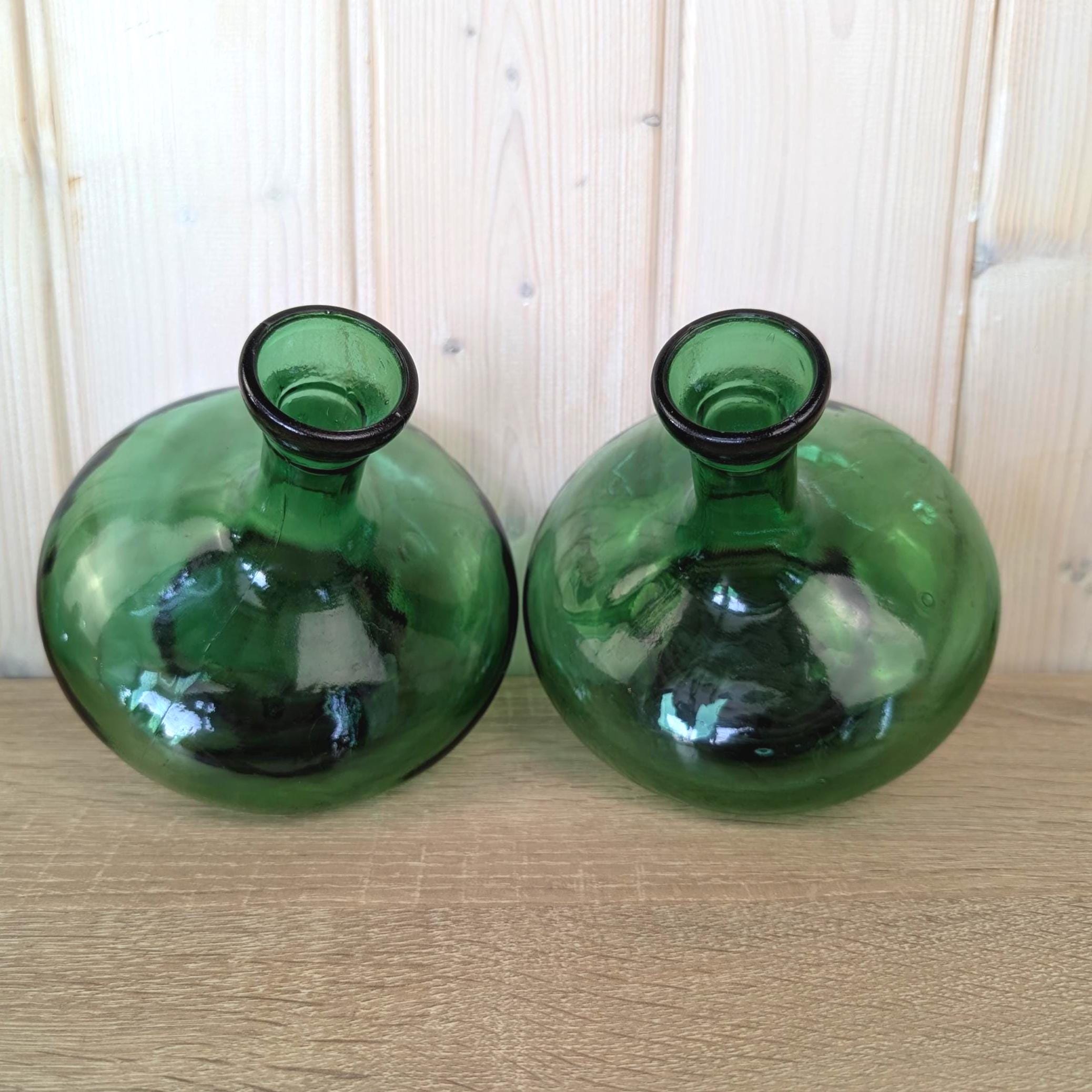 Empoli Green Glass Decanter Set with Stoppers and Wicker Basket Carrier, Italy 1960s