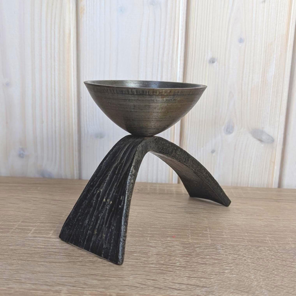 Brutalist Forged Iron Candleholder, Sculptural Two-Leg Base, Metal Cup, Mid Century Modern, 1960s