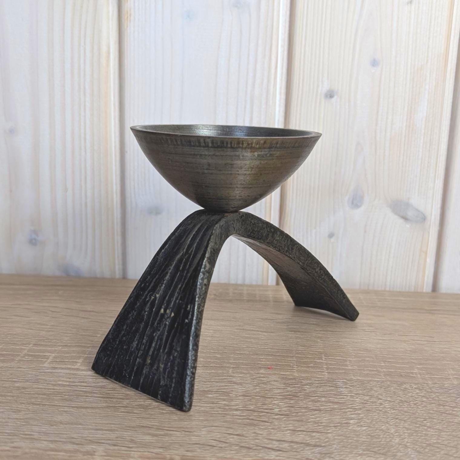 Brutalist Forged Iron Candleholder, Sculptural Two-Leg Base, Metal Cup, Mid Century Modern, 1960s
