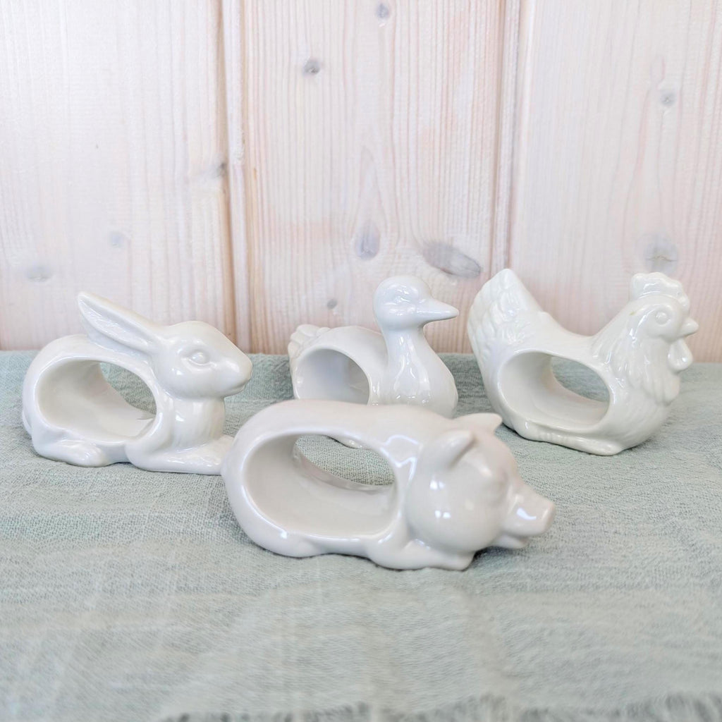 Set of 4 Vintage White Ceramic Napkin Rings, Farm Animals, Rabbit Duck Pig Rooster, Made in Japan, 1970s