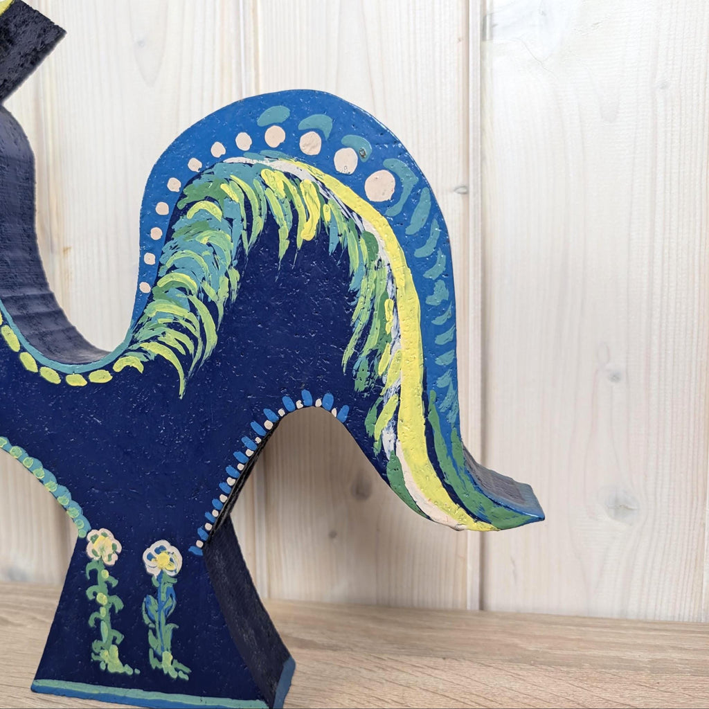 Large Hand Painted Wooden Rooster Sculptures, Folk Art Decor, Scandinavian Style, Late 20th Century