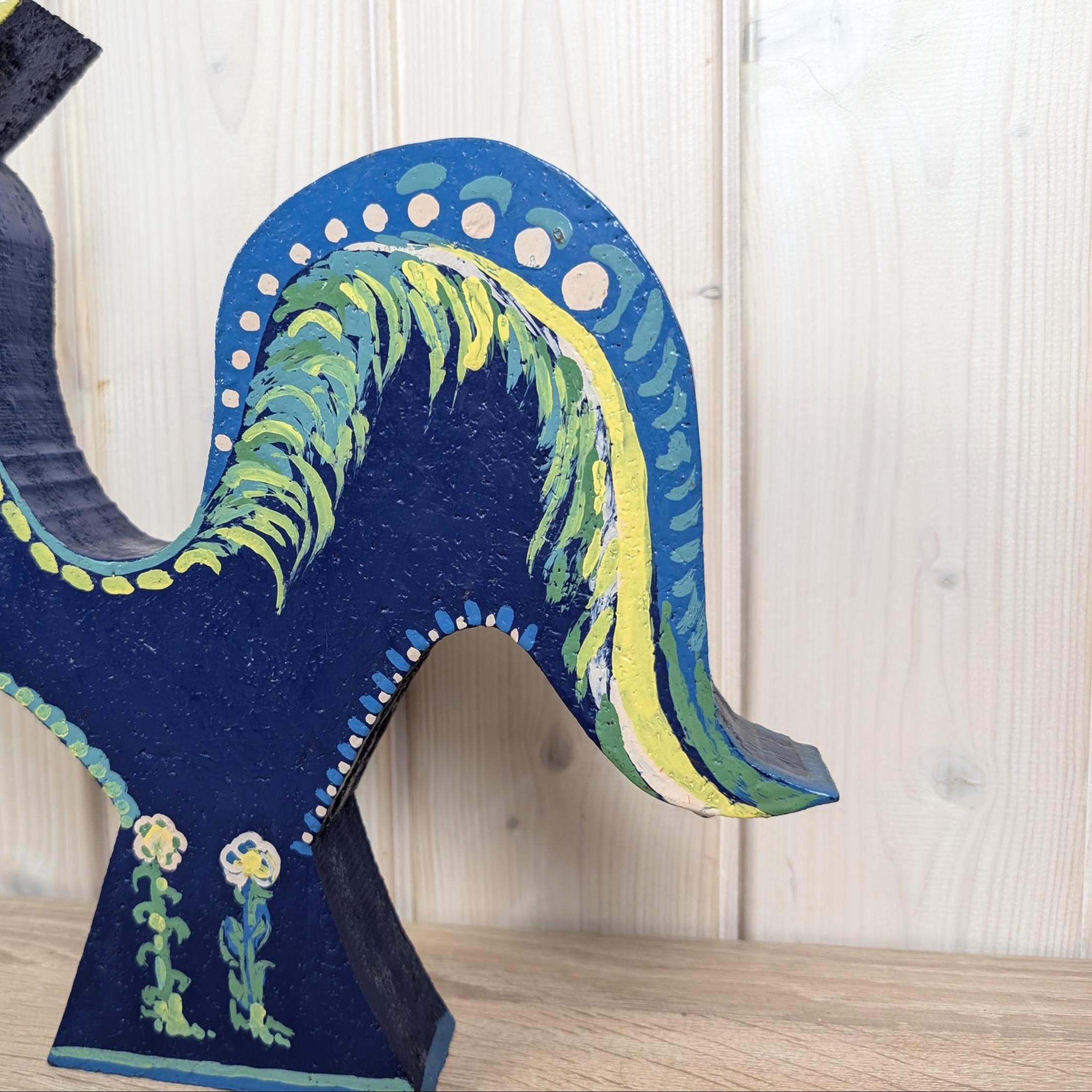 Large Hand Painted Wooden Rooster Sculptures, Folk Art Decor, Scandinavian Style, Late 20th Century
