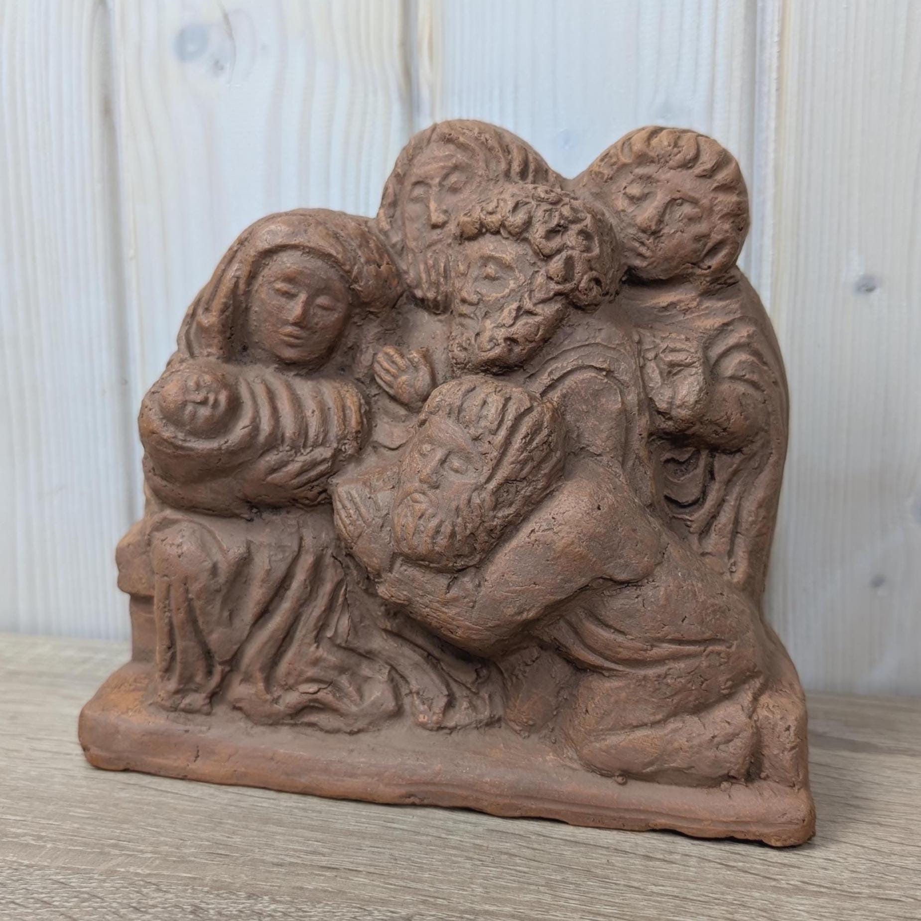 Terracotta nativity sculpture, handmade European studio piece, 1975 dated