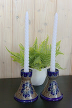 German Salz-Glazed Pottery Candle Holders: Floral Design, Set of 2