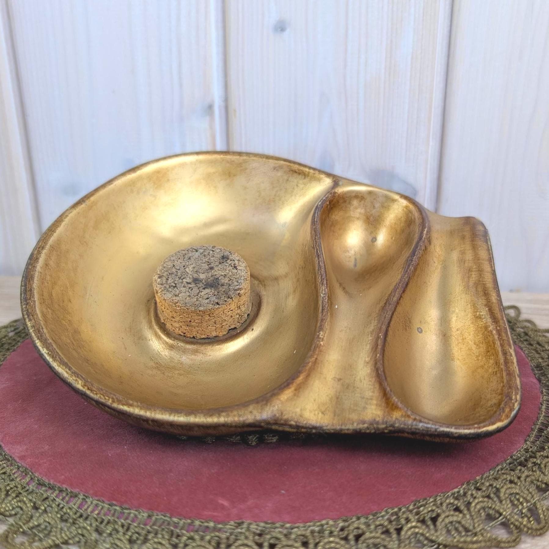 Vintage Italian Gold Ceramic Pipe Rest, Two Compartments, Cork Knocker, Made in Italy, 1960s