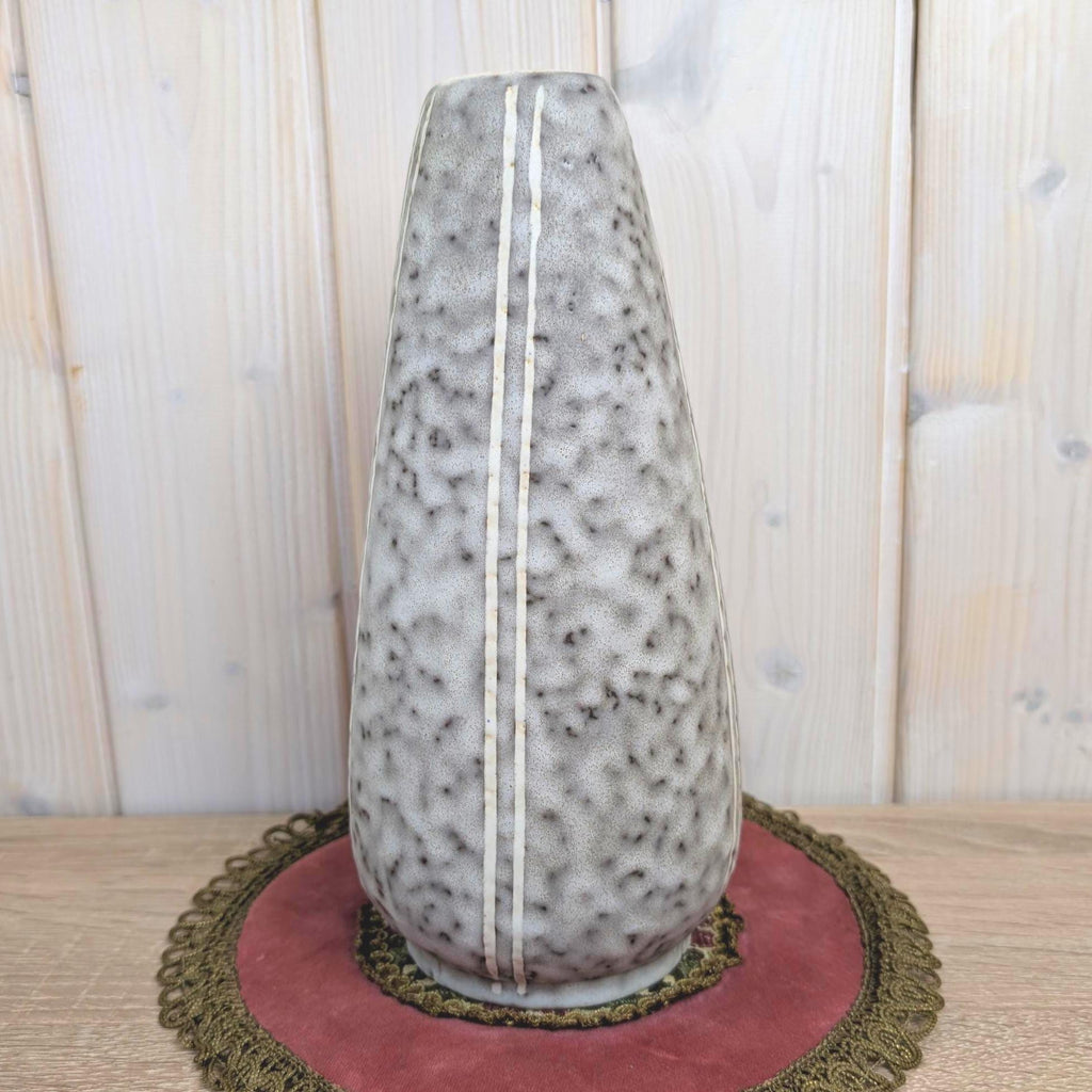 West German Pottery Vase, ES Keramik 608, Grey Speckle Glaze, Incised Stripe Decor, 1960s, Emons Söhne Rheinbach, Mid Century Modern