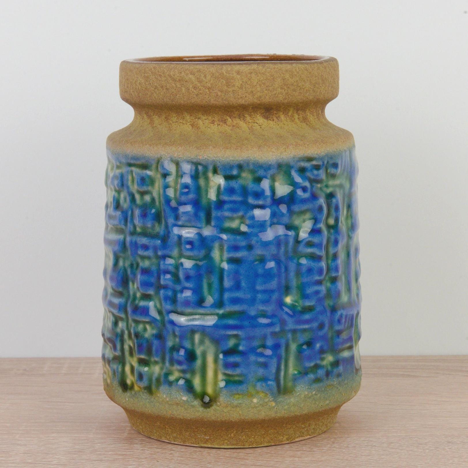 Carstens Tonnieshof Vase 1960s, West Germany Pottery, Blue Relief Glaze, Mid Century Ceramic Statement Piece