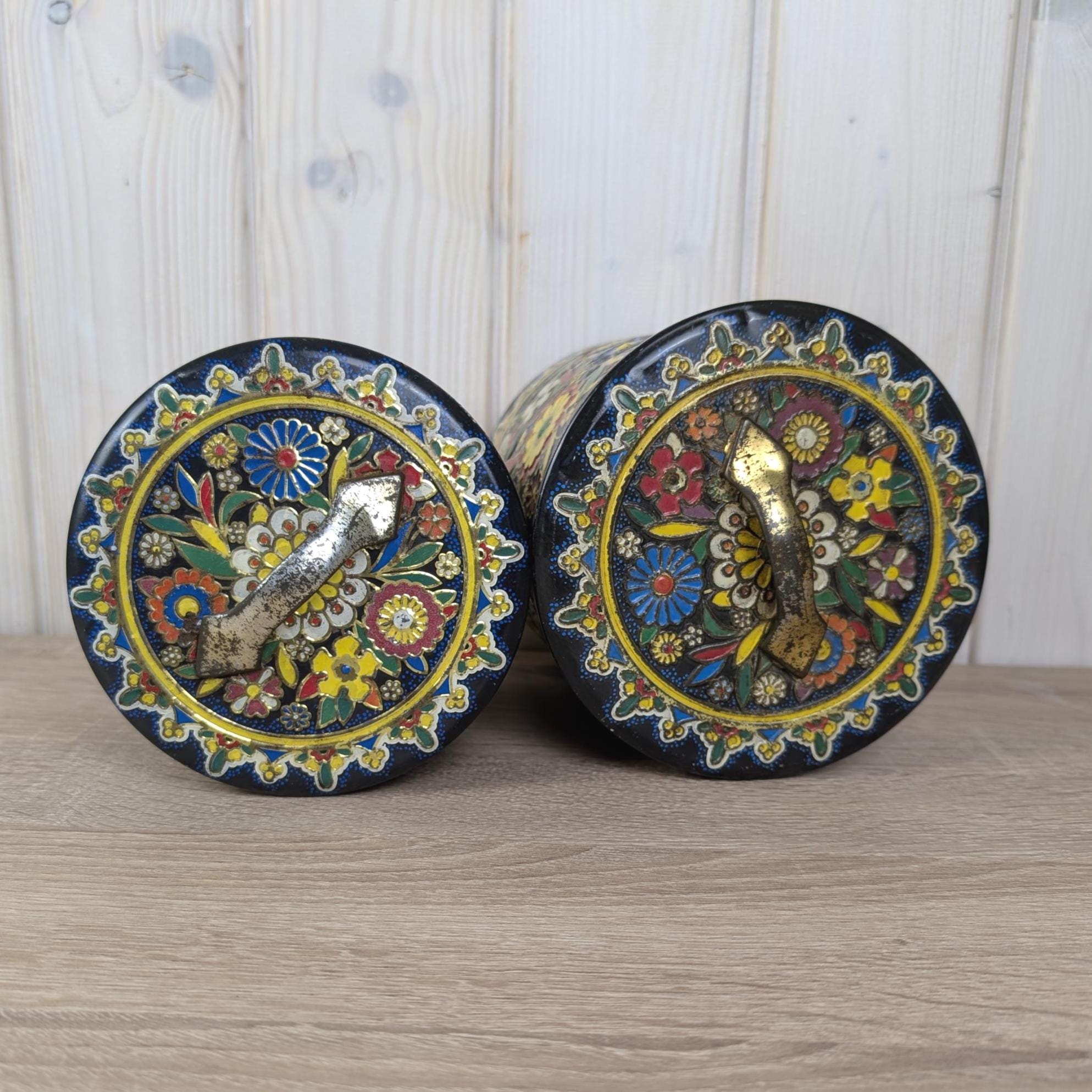 Colorful Embossed Dutch Tin Set, Thomassen and Drijver Deventer, Vintage Holland Storage, 1950s