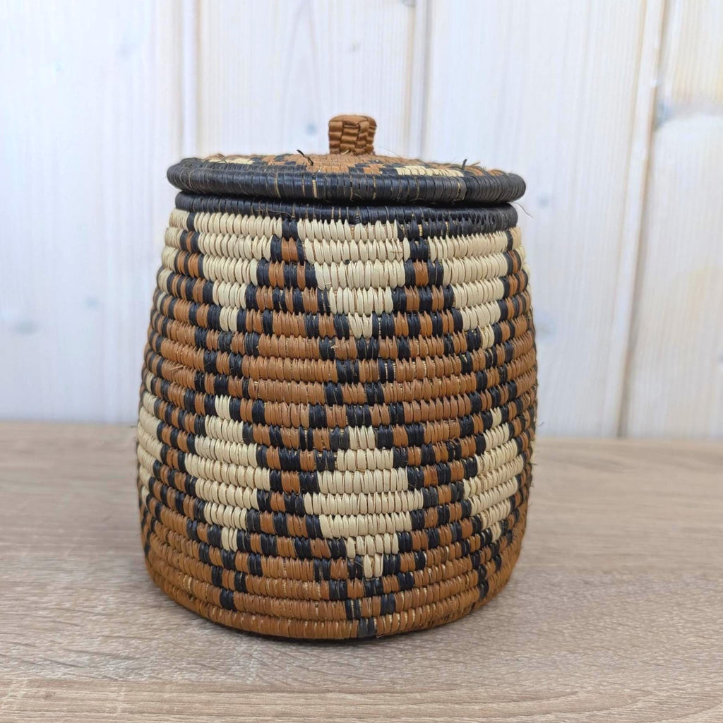 African Coiled Grass Basket with Lid, Geometric Pattern, Hand Woven, Natural Brown Black, Tribal Folk Art, 1970s 1980s