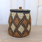 African Coiled Grass Basket with Lid, Geometric Pattern, Hand Woven, Natural Brown Black, Tribal Folk Art, 1970s 1980s