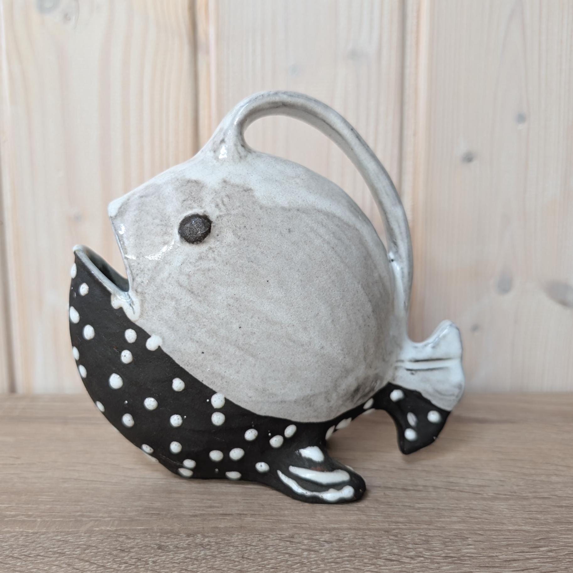 Vintage Gabbianelli Fish Pitcher, Marked G Italy, 1960s MCM Ceramic Jug Vase, Black White Dotted Studio Pottery