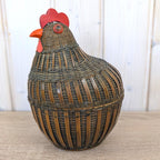 Wicker Bamboo Hen Basket with Lid, Chicken Storage Basket, Red Wood Comb, Glass Eye, Farmhouse Decor, 1970s