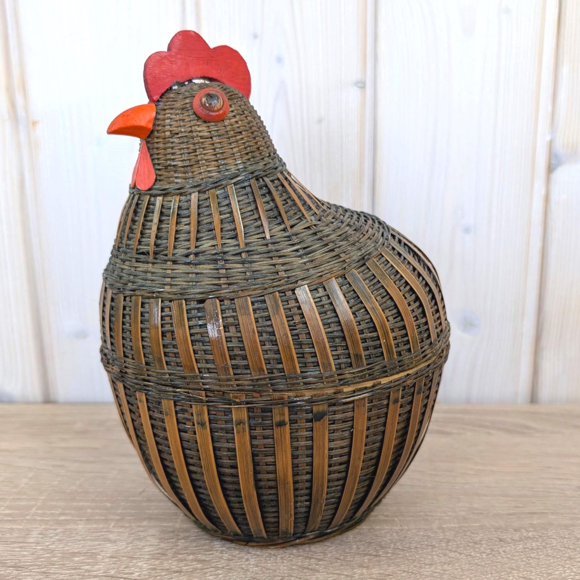 Wicker Bamboo Hen Basket with Lid, Chicken Storage Basket, Red Wood Comb, Glass Eye, Farmhouse Decor, 1970s