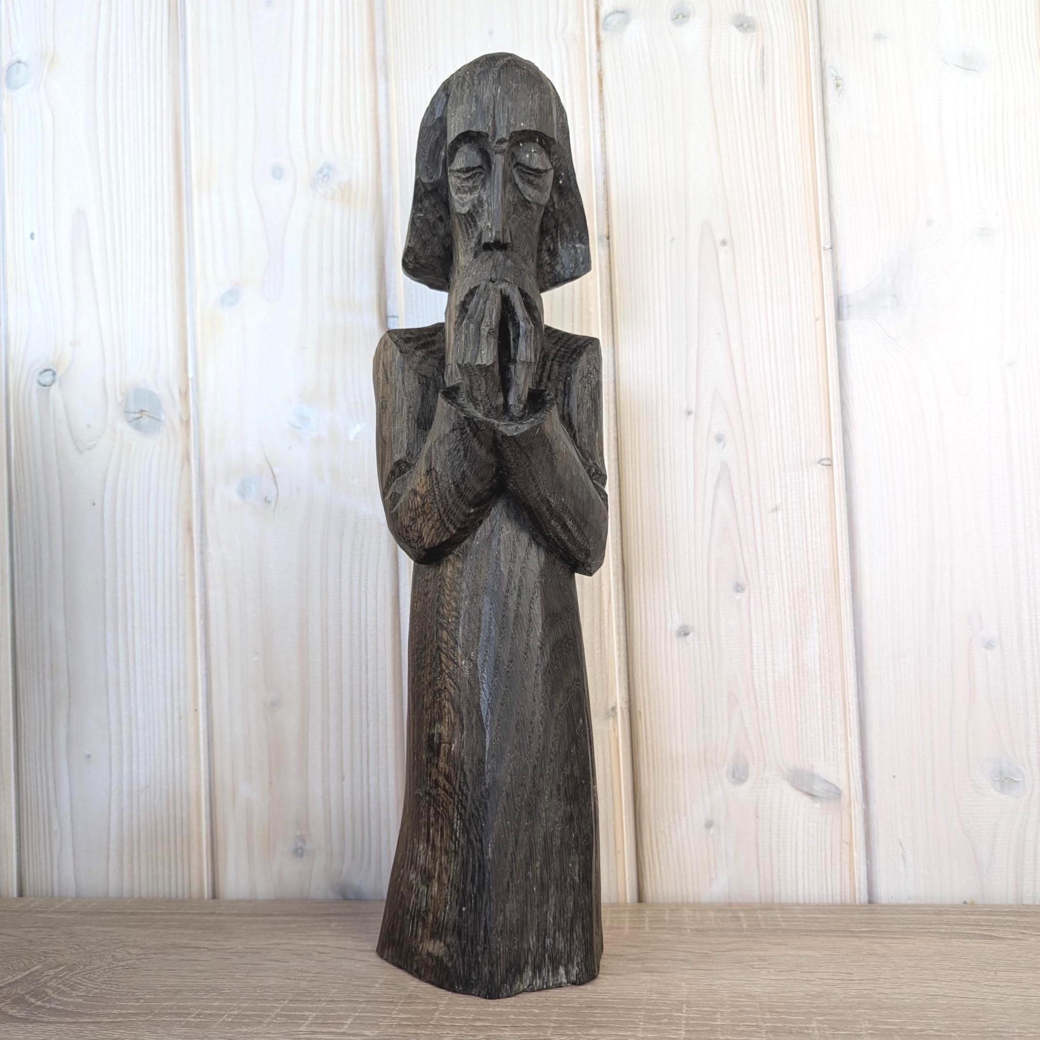 Signed Wood Carving Praying Figure, Nowakowsky, Dark Stained Folk Art Sculpture, Eastern European Religious Art, Handcarved Figurine, 1960s