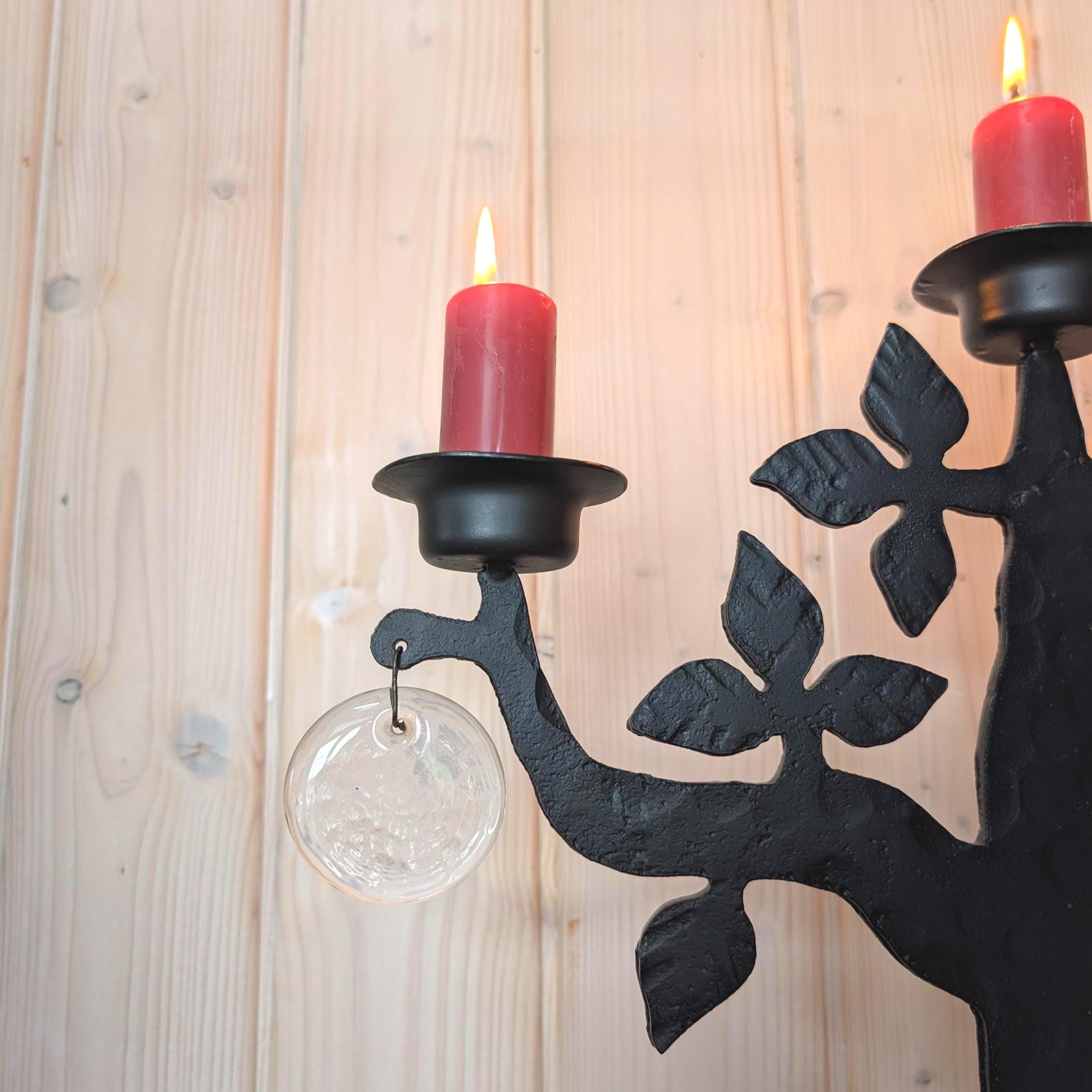 Boda Smide Bertil Vallien Swedish Wrought Iron Candelabra, Tree of Life, 3-Arm, Glass Ornaments, 1970s Scandinavian