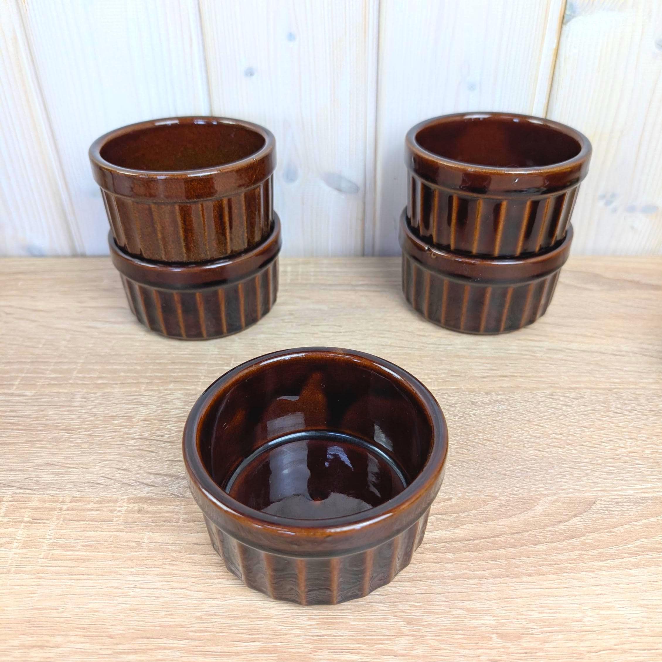 Set of 6 Vintage Ramekins, Scheurich 901, Brown Ribbed Glaze, West Germany, 1960s, Stoneware Baking Dishes, Mid Century Kitchen