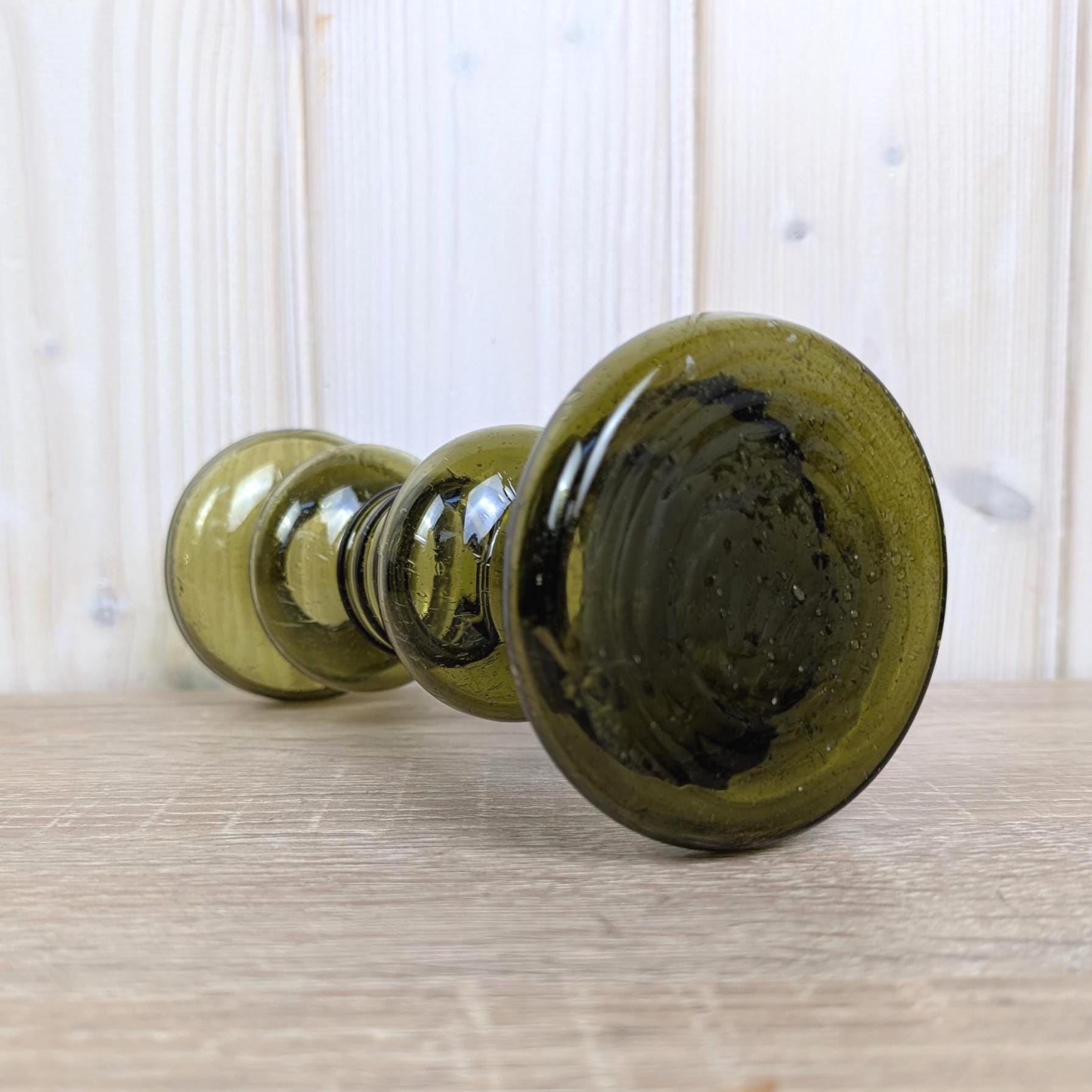 Vintage olive green glass vase candleholder, handblown art glass, Ingrid Glas, Germany, 1970s