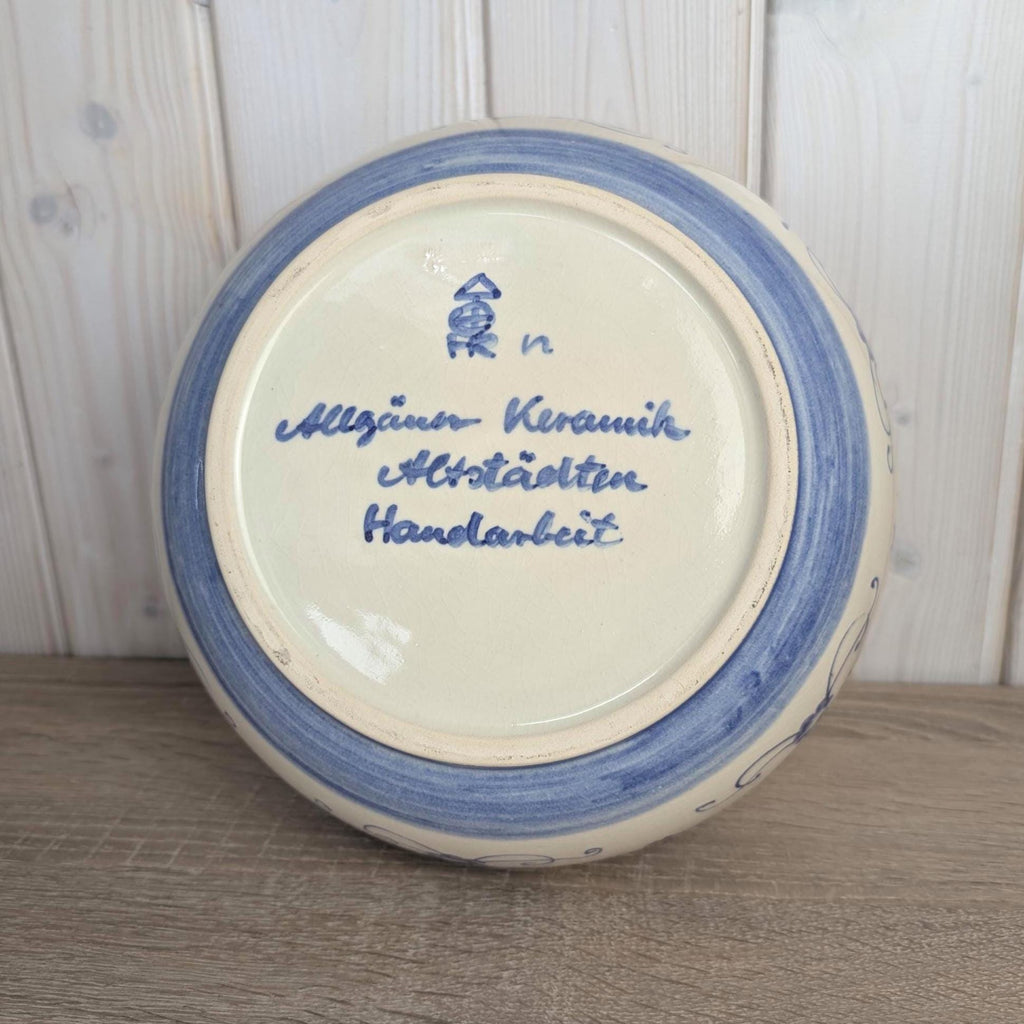 Allgäuer Keramik Altständten Punch Bowl Set, Blue White Folk Art, 6 Cups, Ladle, Handarbeit, 1970s German Studio Pottery