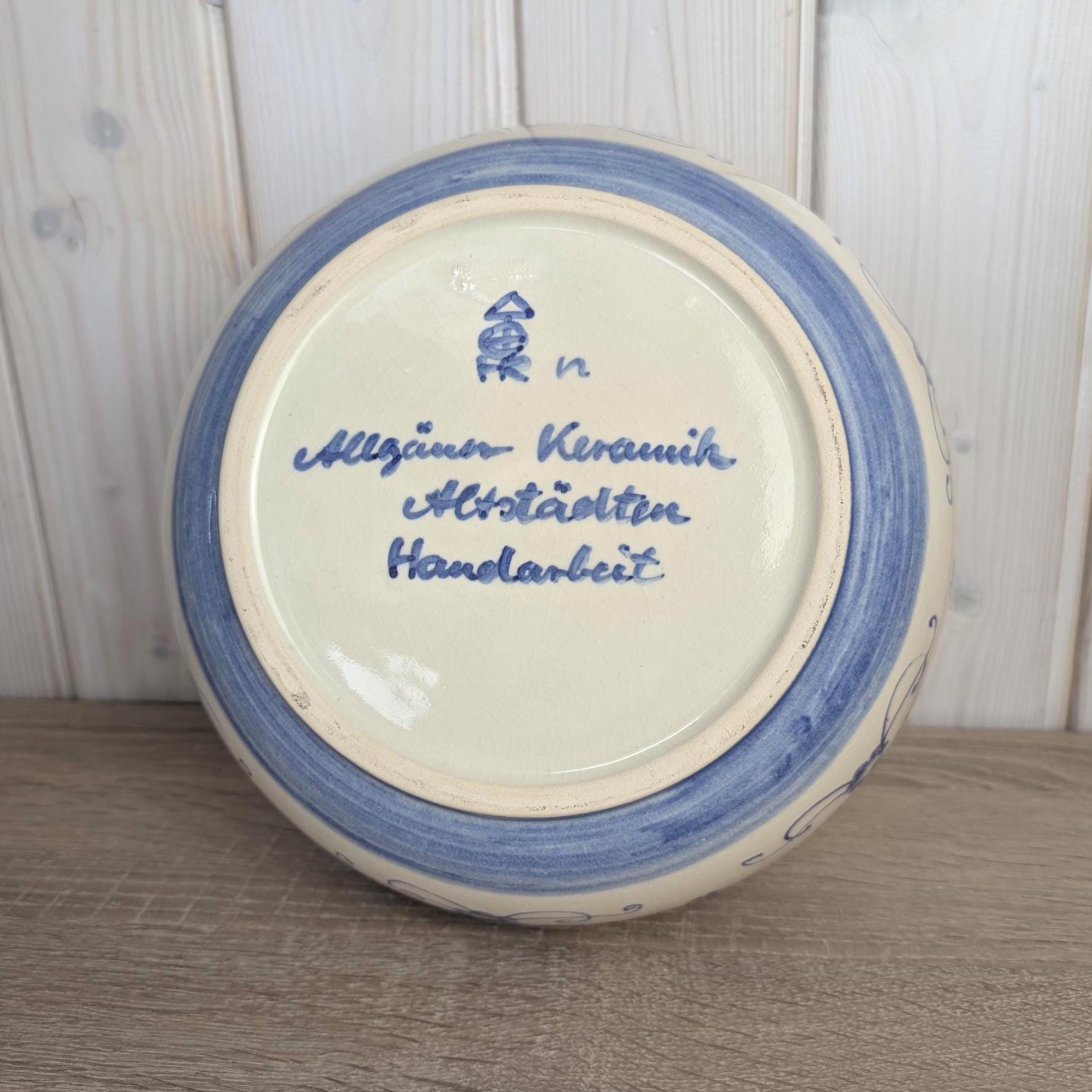 Allgäuer Keramik Altständten Punch Bowl Set, Blue White Folk Art, 6 Cups, Ladle, Handarbeit, 1970s German Studio Pottery