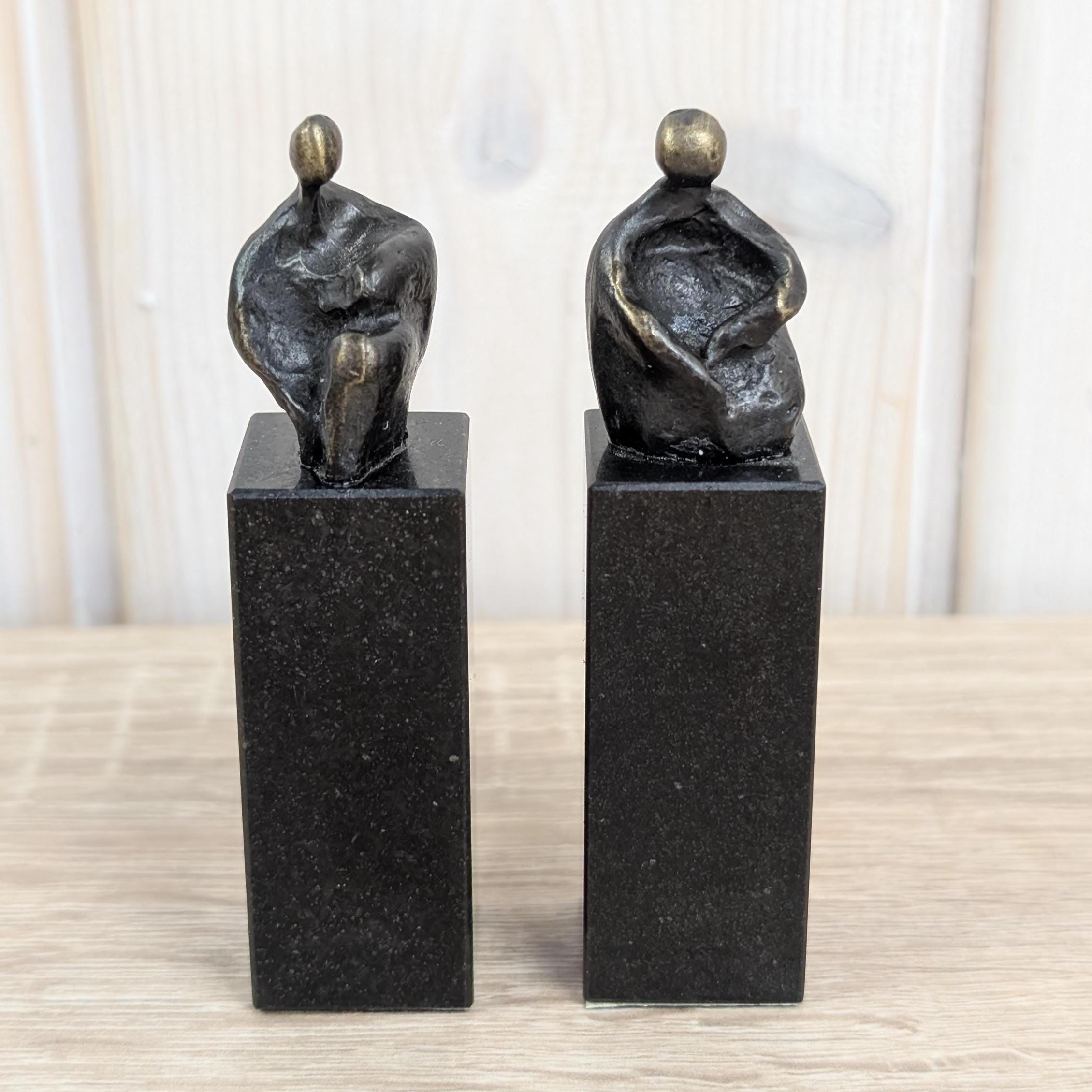 Vintage Bronze Sculpture Set Artihove Corry Ammerlaan, Abstract Human Figures on Stone Pedestal, Dutch Art Gift in Original Box