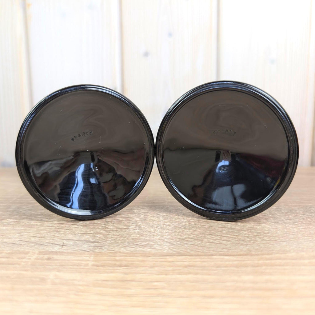 Luminarc Black Glass Goblets, Set of 2, Embossed Fruit Motif, Made in France, 1970s Vintage Barware
